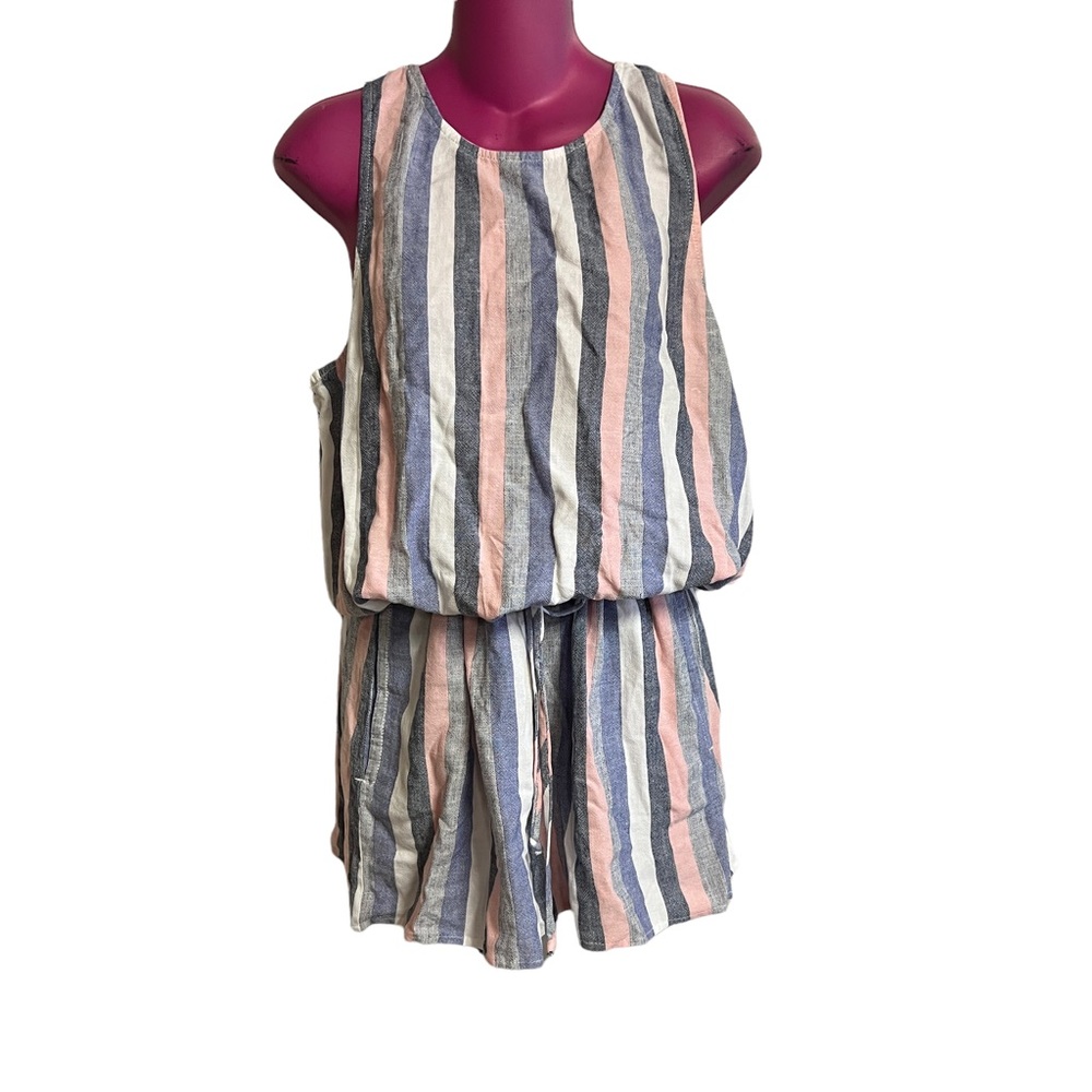 Bella Dahl L blue and pink pastel striped romper